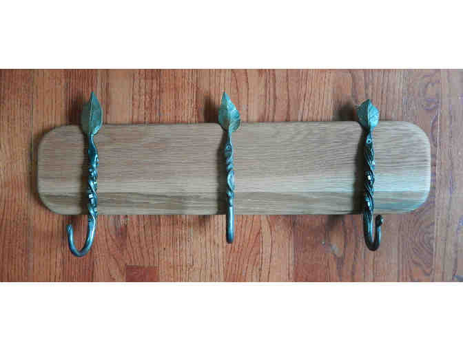 Two is not enough!   THREE Hook Rack, Hand forged metal hooks mounted on Oak