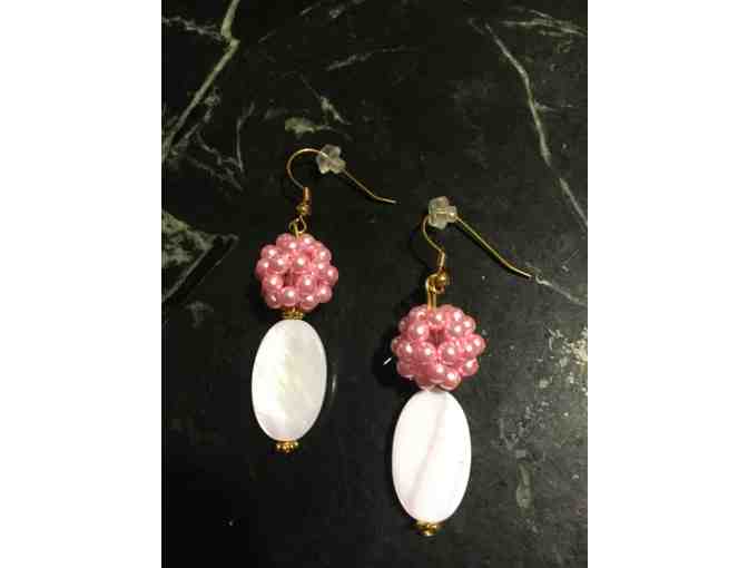 One-of-a-Kind Hand-Blown Pink Pearl Cluster & Mother-of-Pearl Oval Bead Earrings