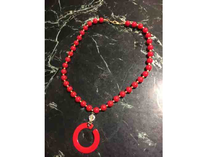 One-of-a-Kind Handmade Red & Gold Bead Necklace with Flat Open Circle Drop