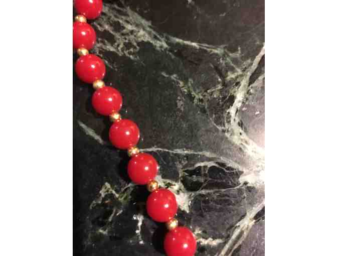 One-of-a-Kind Handmade Red & Gold Bead Necklace with Flat Open Circle Drop