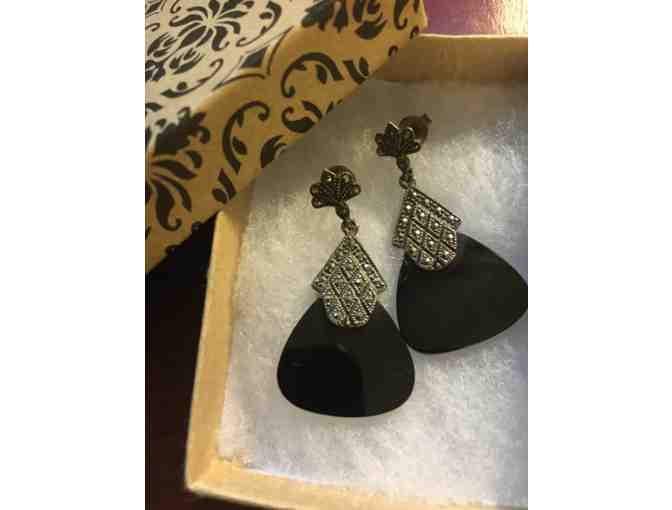 Deco Onyx and Hematite Sterling Silver Pierced Earrings - Photo 2
