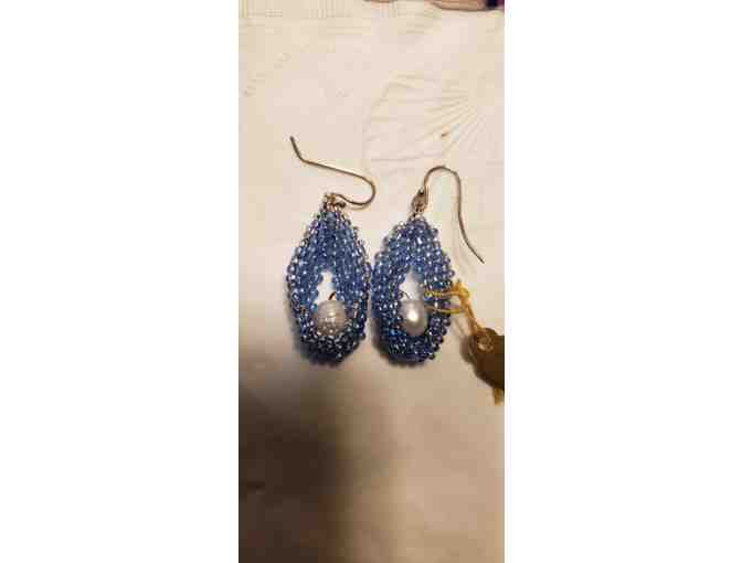 Blue Czech Seed Beads with Cultured Pearl Earrings by Davala Designs