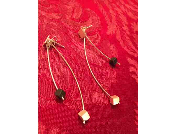 Brushed Sterling Hanging Earrings with Silver & Onyx Cube Beads - Photo 1