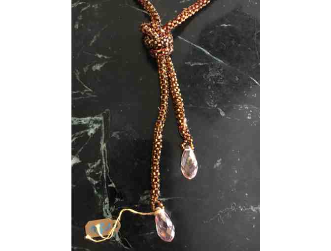 Beautiful Lariat Necklace Featuring Deep Copper Color Glass Seed Beads & Austrian Crystals