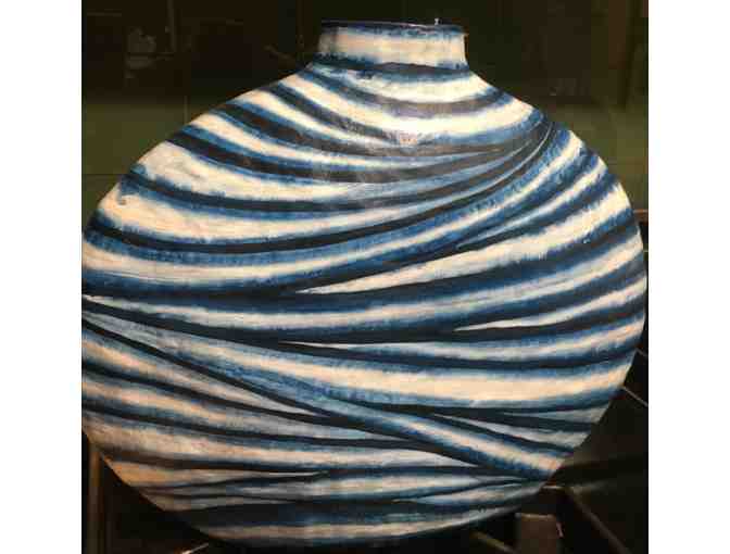 Hand-Painted Blue and White Stripe Paper Mache Vase from Haiti, Signed by the Artisan
