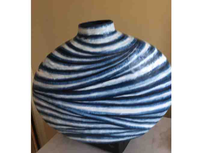 Hand-Painted Blue and White Stripe Paper Mache Vase from Haiti, Signed by the Artisan