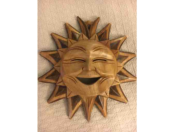 Wall Wood Carving of Smiling Golden Sun, Handmade in The Phillipines
