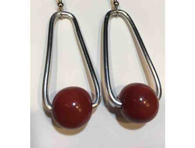Funky Big Red Bead on Silver Wire Earrings