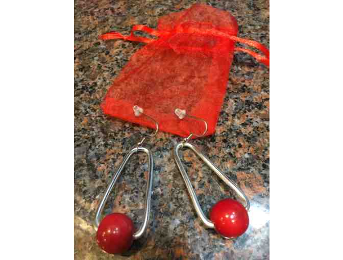 Funky Big Red Bead on Silver Wire Earrings