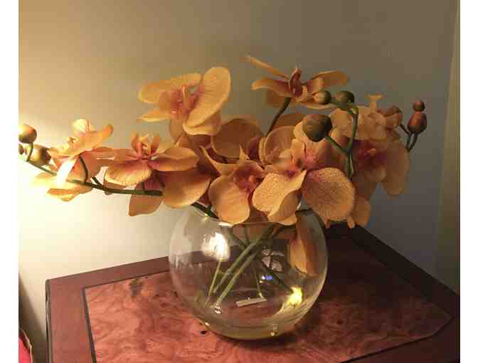 Exquisite Artificial Cascading Orange Phalaenopsis in Round Glass Vase