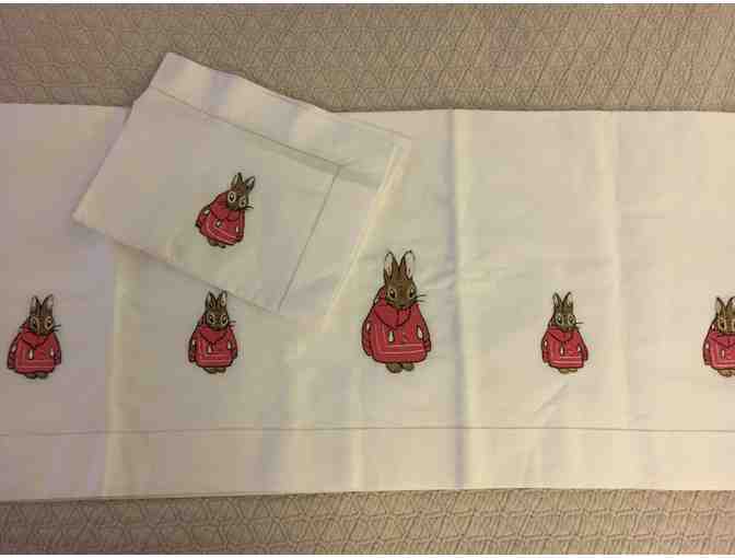 Hand-Embroidered in Vietnam -Peter Rabbit Baby Linens (Pillowcase andFlat Crib/Lap Sheet)