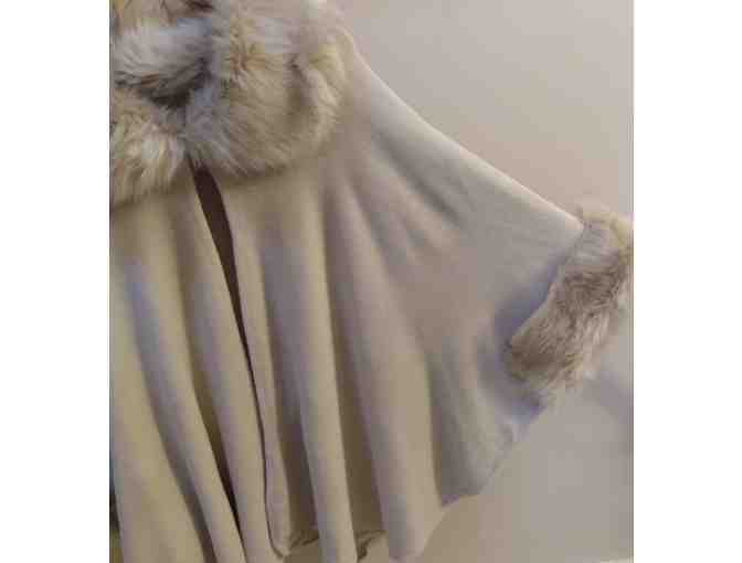 Elegant Poncho in CREAM soft knit with faux rabbit trim