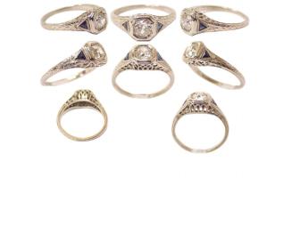 Art Deco circa 1920s 18K White Gold Filigree, Diamond, and Sapphire