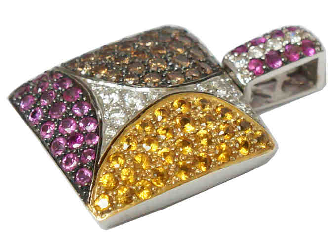18K White Gold, Pink Sapphire, Chocolate Yellow White Diamond Modernist Pendant