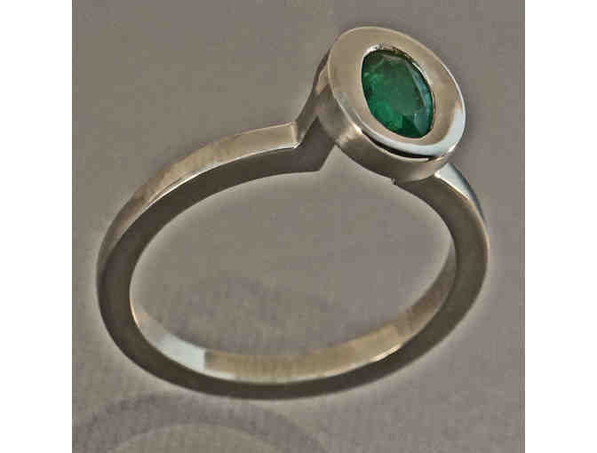 Retro Modernist Heavy Solid 14K White Gold & Emerald Solitaire Ring