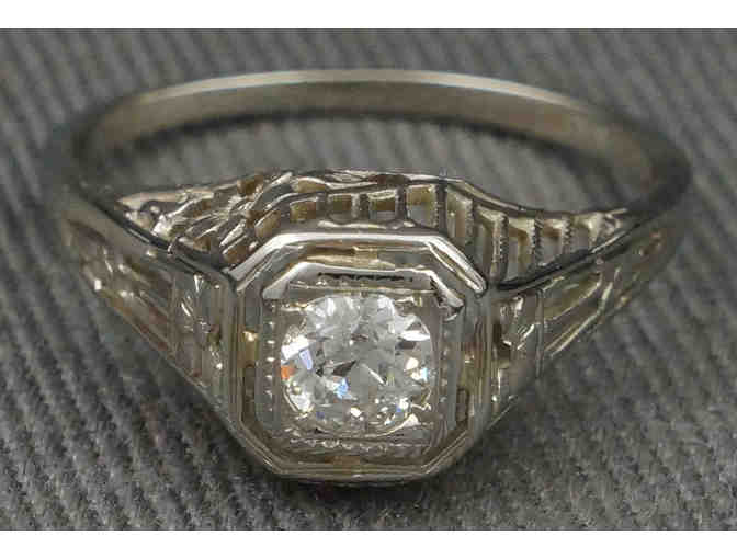 1920s Art Deco 18K White Gold & .33 ct Old Mine Cut Diamond Filigree Engagement Ring