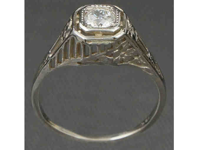 1920s Art Deco 18K White Gold & .33 ct Old Mine Cut Diamond Filigree Engagement Ring