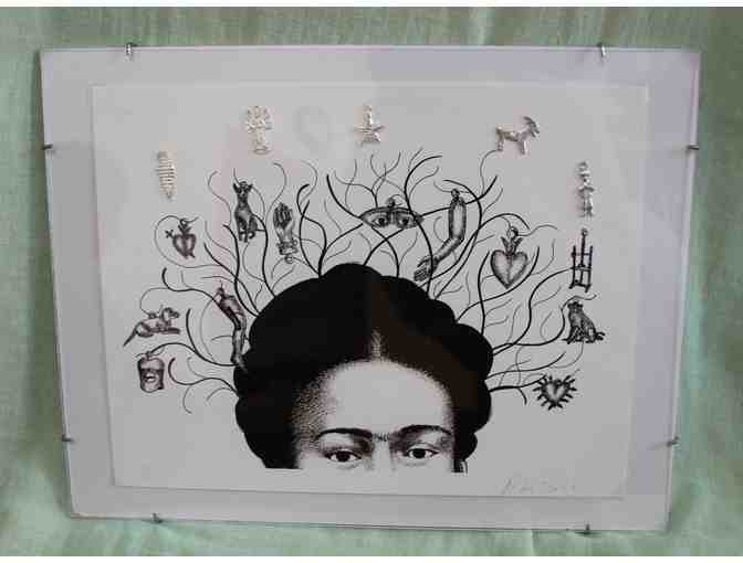 Frida Kahlo and her Milagros, framed ink drawing 10" x 13" - Photo 1