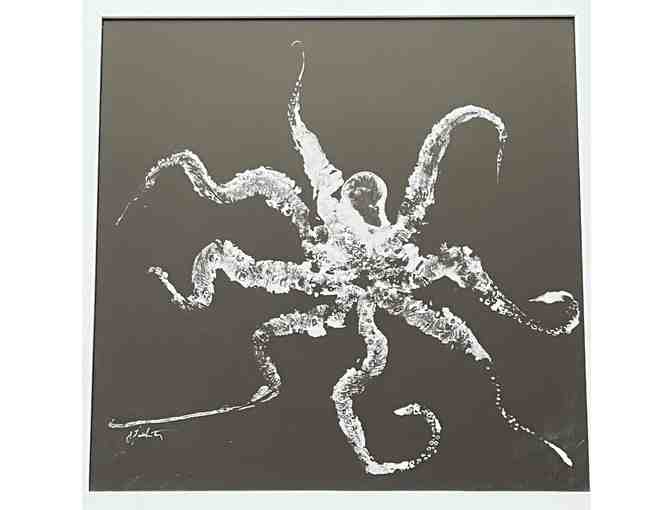 Night Octopus' Gyotaku Art in White Frame