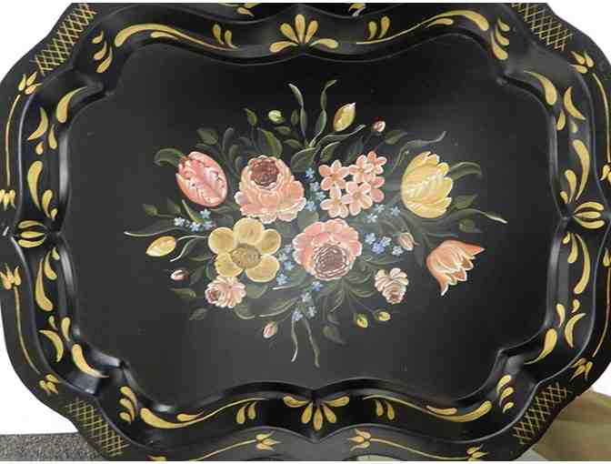 Flowered Tea Tole Tray on Wooden Stand