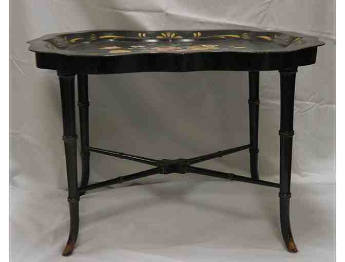 Flowered Tea Tole Tray on Wooden Stand