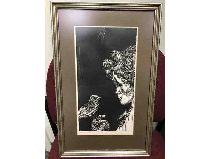 Limited Edition 'Boy With Bird' Signed Framed Original Woodcut by Mervin Jules