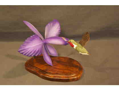 00002 Hand Carved, Ruby Throated Hummingbird on Cattleya Orchid signed by Glenn E. Alexander