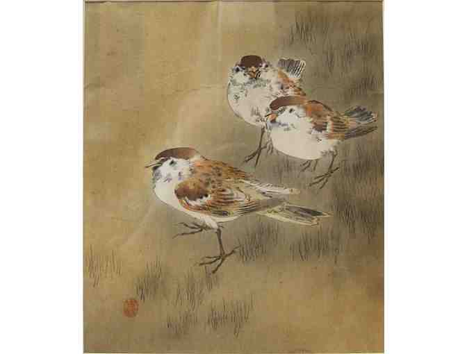 Sweet Japanese Watercolor of Sparrows, late 19th C.