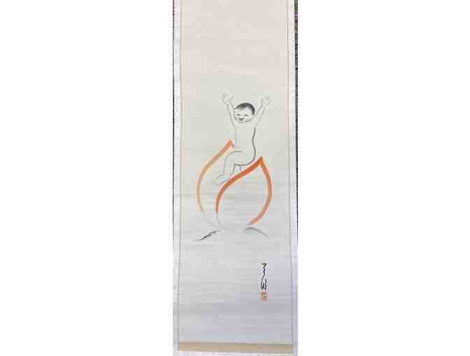 Japanese Vintage Simple Hand-Brushed "Peach Boy" Silk Wall Scroll - Photo 1