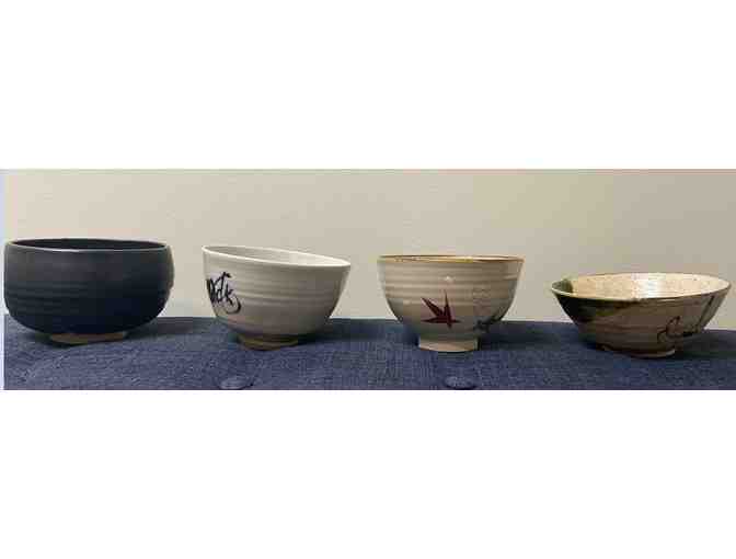 Four Hand Made and Painted Pottery Tea Bowls from Japan