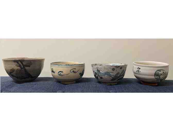Four Hand Made and Painted Pottery Tea Bowls from Japan