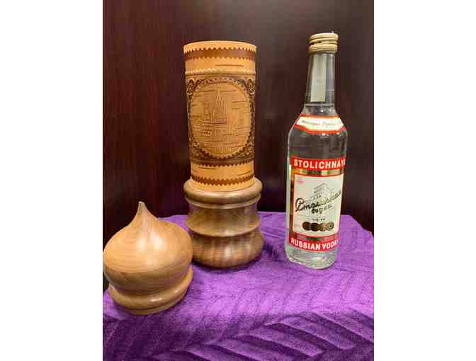 Russian Vodka and Wooden Bottle Holder