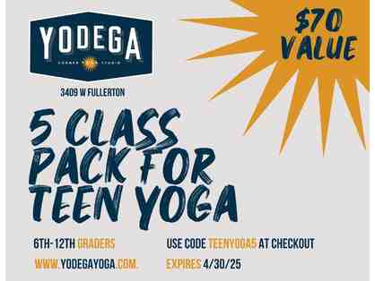 5 Class Pack for Teen Yoga at Yodega (6th to 12th Grade)