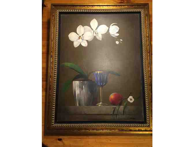 Still Life oil painting in a gold leaf frame by Wilmer.