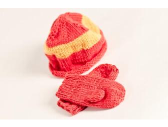 Set of Hand-Knit 18 Month Baby Hat and Mittens