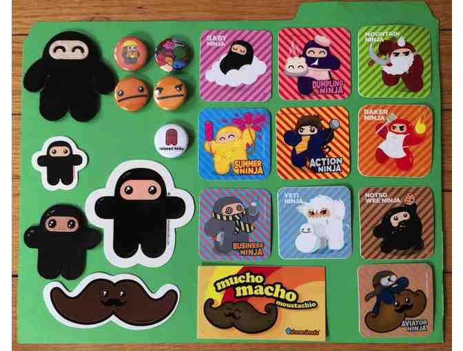 Ninjatown - Happy Dawg & Happy Splug Mini Plushes, Stickers and Badges