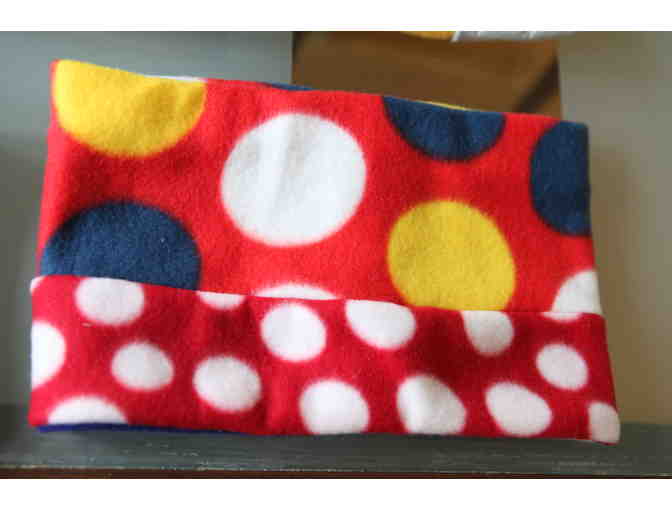 Cozy, Reversible Fleece Scarf - Blue and Red with Oversized Colorful Dots
