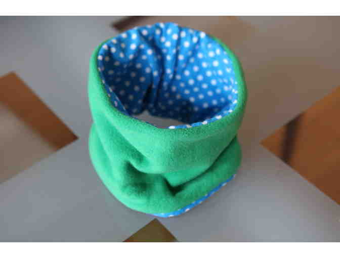 Cozy, Reversible Fleece Scarf - Green and Sky Blue With White Dots