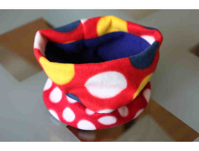 Cozy, Reversible Fleece Scarf - Blue and Red with Oversized Colorful Dots