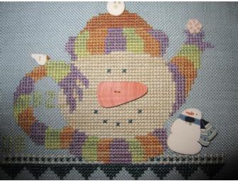 Framed Counted Cross Stitch Framed Artwork - Snowman Teapot