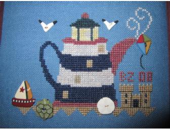 Handcrafted Counted Cross Stitch Framed Artwork - Lighthouse Teapot