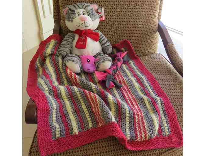 Pink and Grey Hand Knit Blanket and Toys