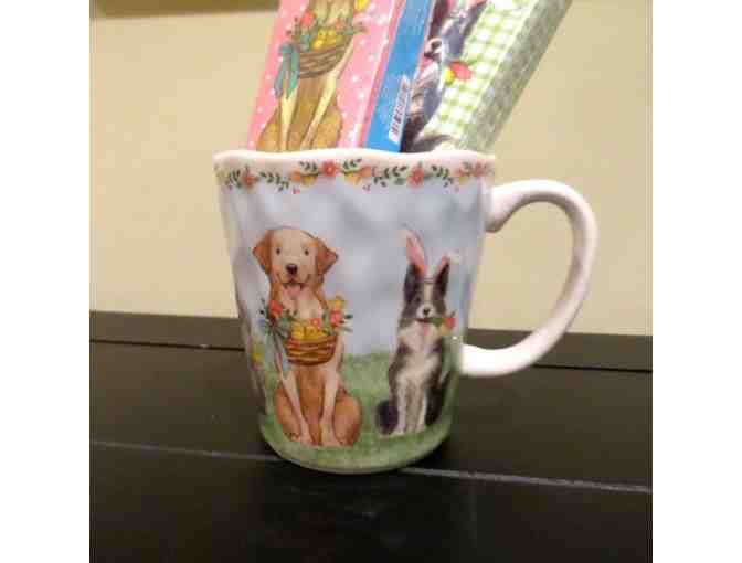Porcelain dog mug, travel Kleenex and book Animals Make Us Human