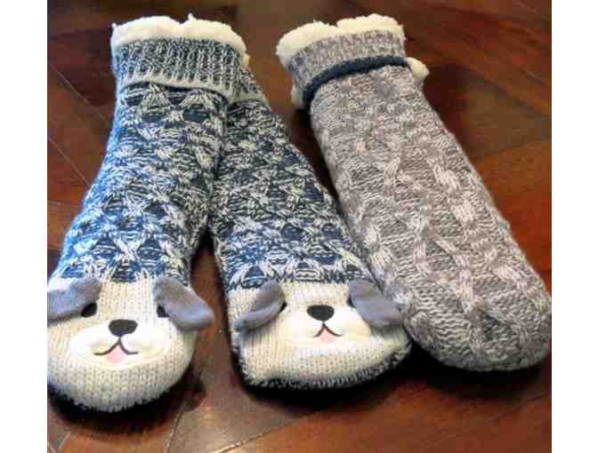 2 Pair of Sherpa Lined Slipper Socks with Dog Faces - Photo 1