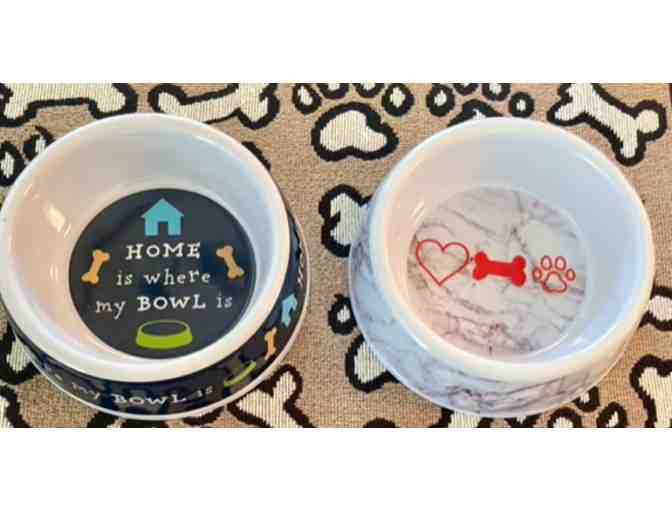 Bone placemat and two dog bowls