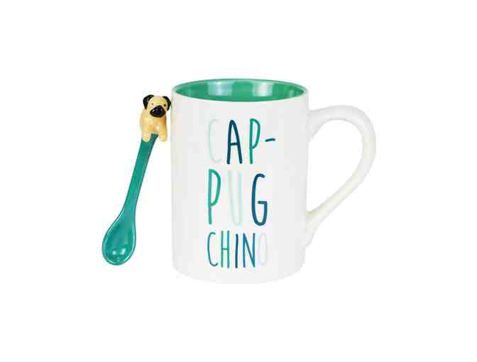 Enesco | White & Green 'Cap-Pug-Chino' Mug & Pug Figure Spoon