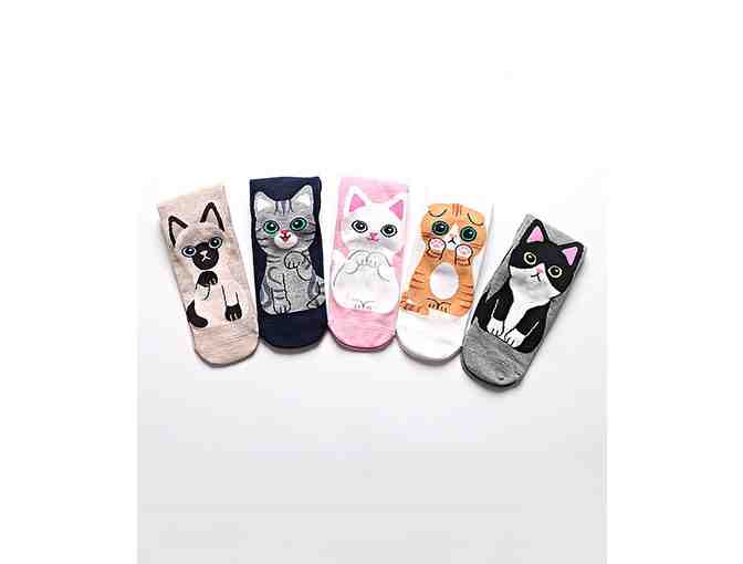 Pink and Navy Cat Breeds Five-Pair Socks Set - Women