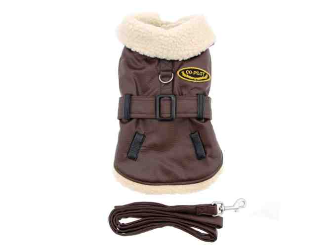 Brown and Black Faux Leather Bomber Dog Coat Harness and Leash by Doggie Design M