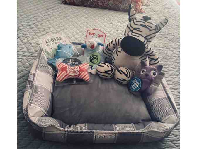 Grey Plaid Bed and Toys