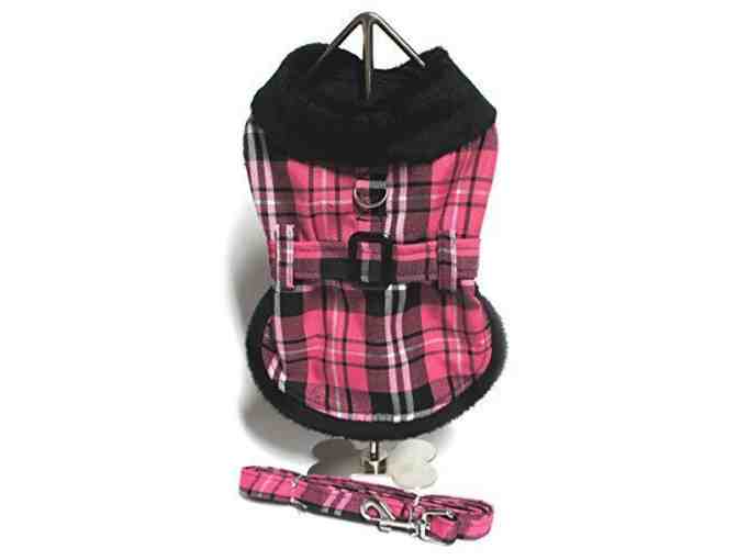 Doggie Design Pink Classic Plaid Wool-Fur Collared Harness Coat withLeash